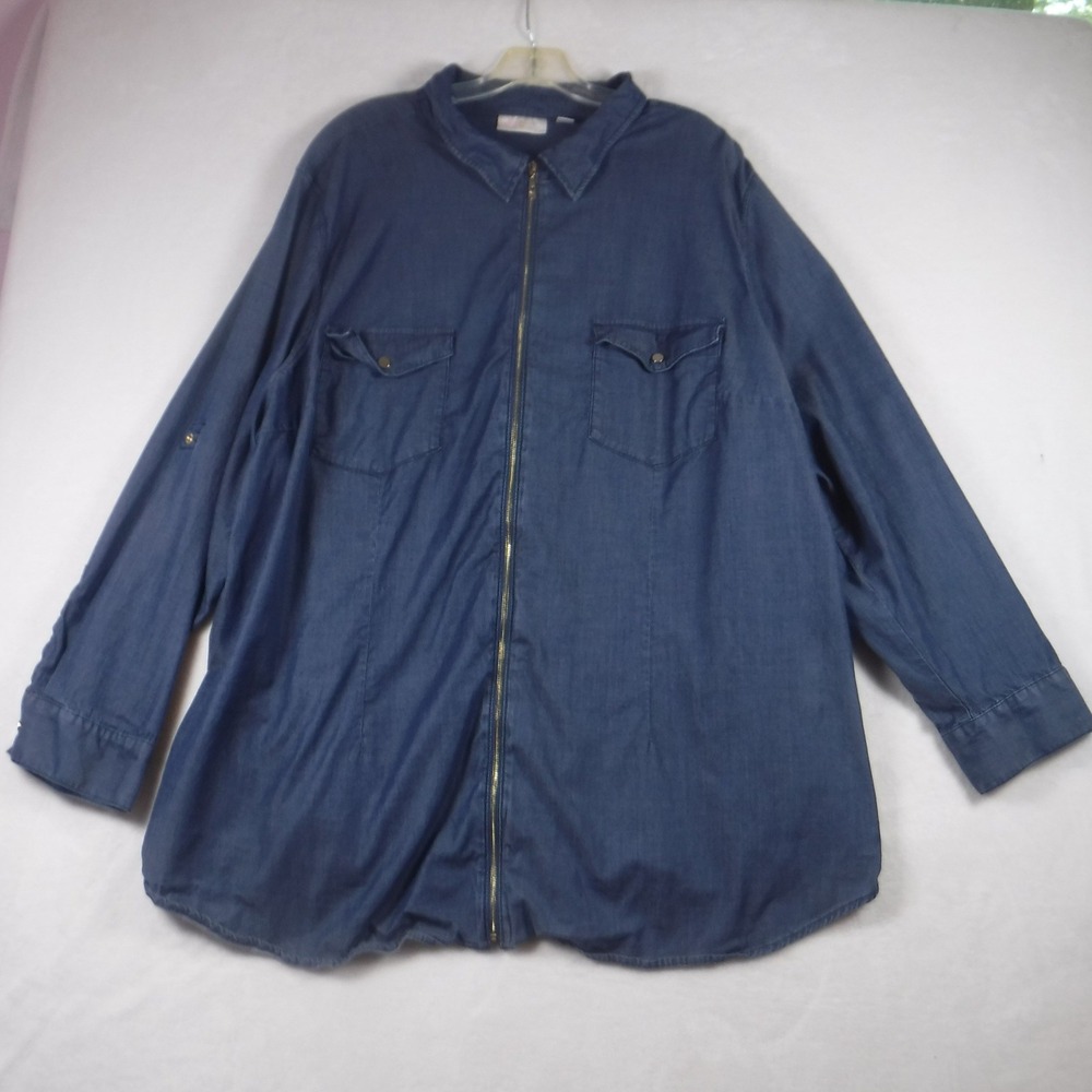 Belle by Kim Gravel Women 3X Blue Lyocell Zip Front Denim Shirt Roll Tab Sleeves